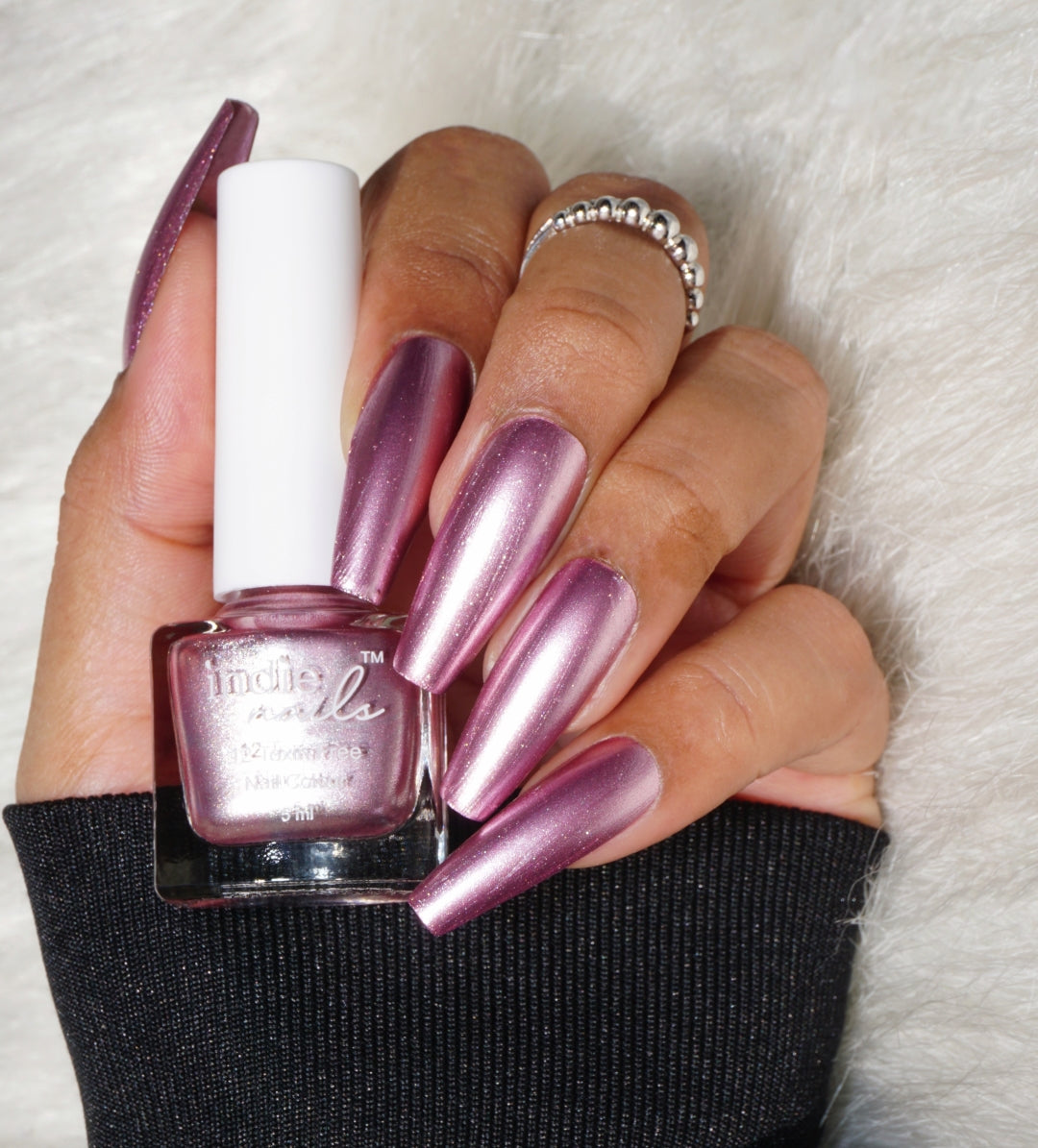 Misty Rose, Misty Rose muted pink nail polish bottle – front view, Swatch of Misty Rose nail polish on Indian skin tone, Glossy finish of Misty Rose dusty rose nail color, Misty Rose nail polish with soft, subtle rose hue, Indie Nails Misty Rose bottle with brush application