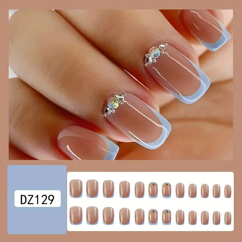 French with stones Nail Art Reusable Press On Fake Nails