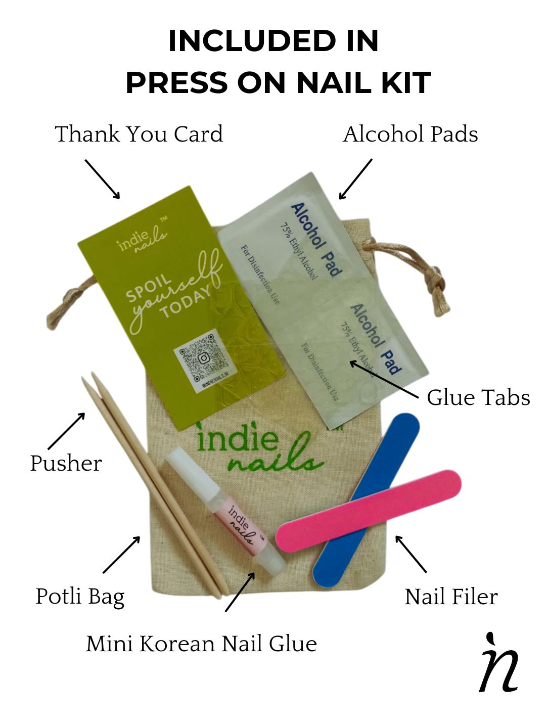press on nails, soft gel, press on kit, nail filer, orange sticks, glue tabs, mini glue, Press-on nail kit with korean glue, filer, and alcohol swabs