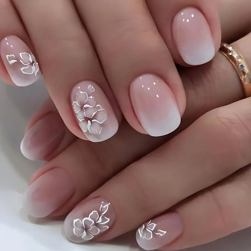 Ombre with 3D Flower Nail Art Reusable Press On Fake Nails