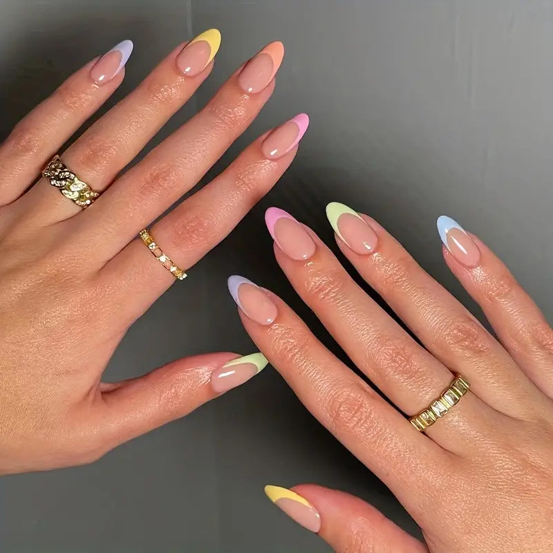 Colorful French with Nude Base Nail Art Professional Press On Fake Nails