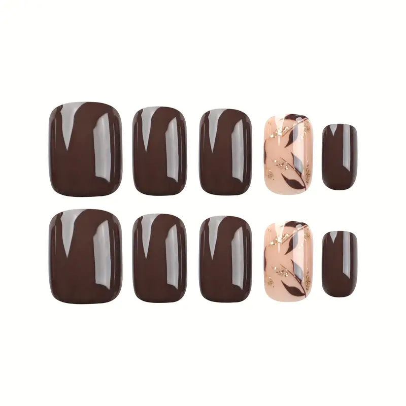 Nude with Fall Leaves and Glitters Nail Art Reusable Press On Fake Nails