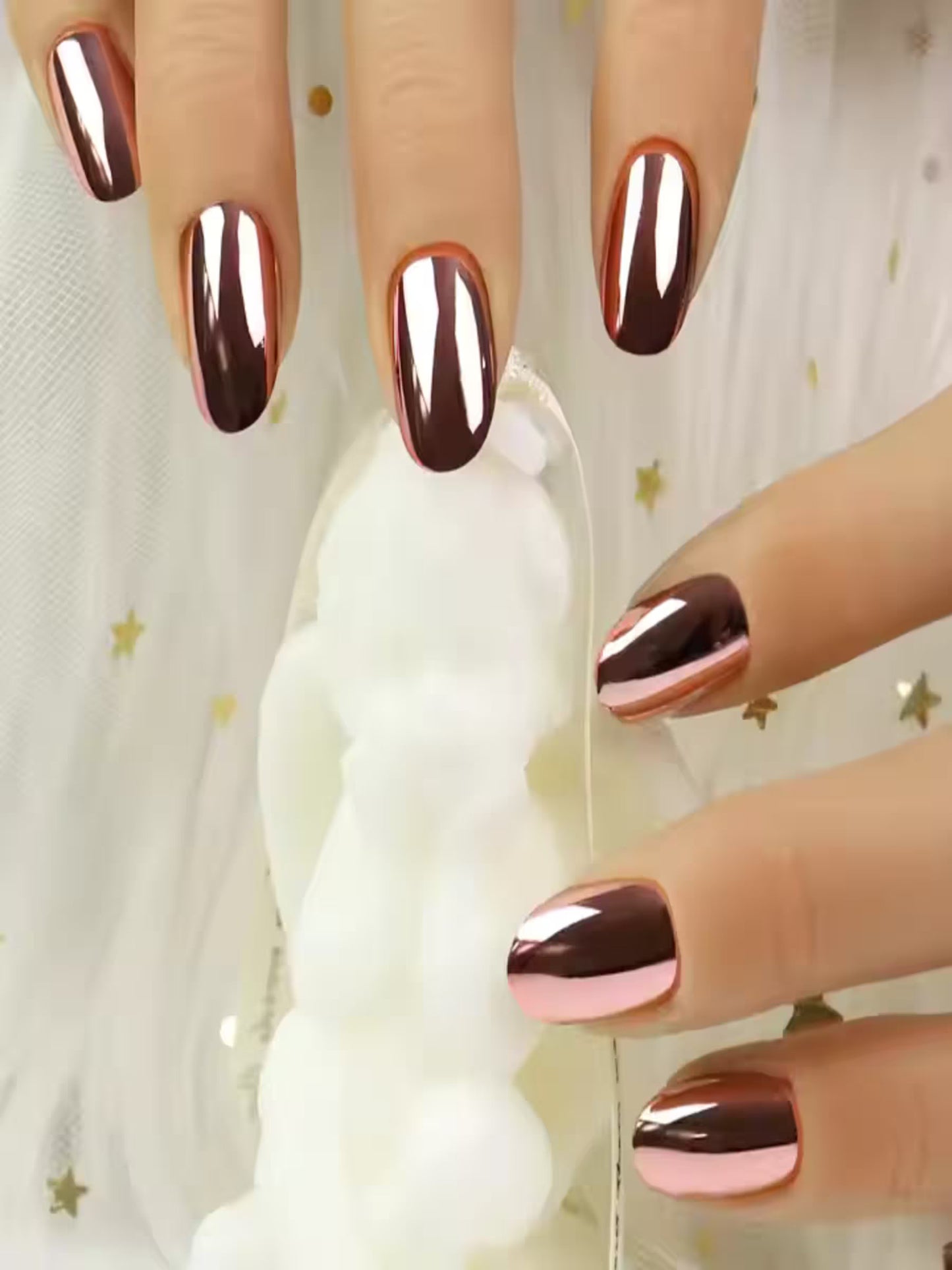 Indie Nails reusable soft gel nails in rosegold metallic color