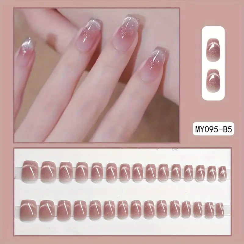 French Cateye Nail Art Professional Press On Fake Nails (with Korean Glue for upto 21 days lasting)