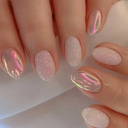 Unicorn Chrome Nails with Sparkle Glitter Nail Art Reusable Press On Fake Nails