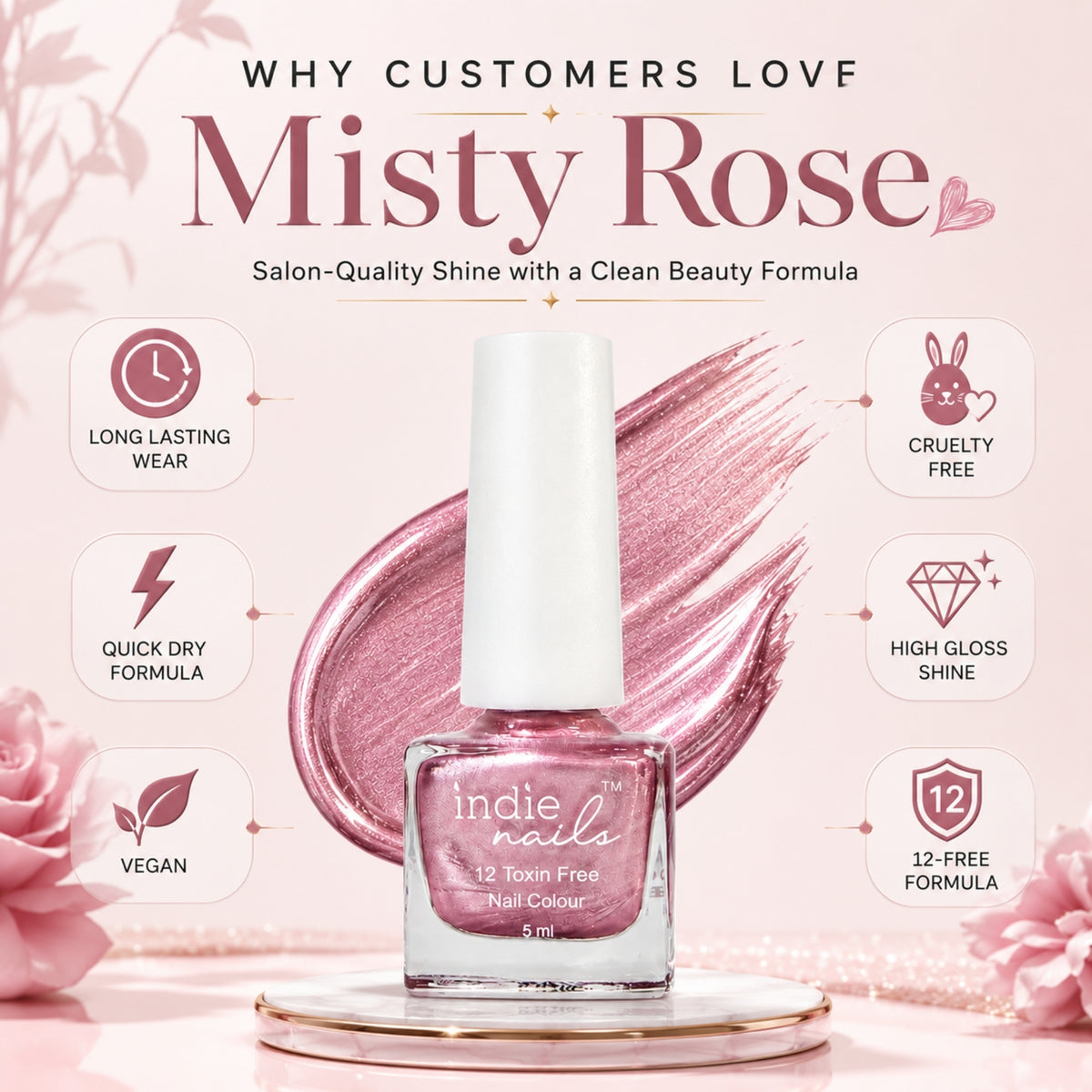 A bottle of Indie Nails nail polish in the shade Misty Rose, displayed on a gold-rimmed white plate against a soft pink background with decorative roses and feature callouts.