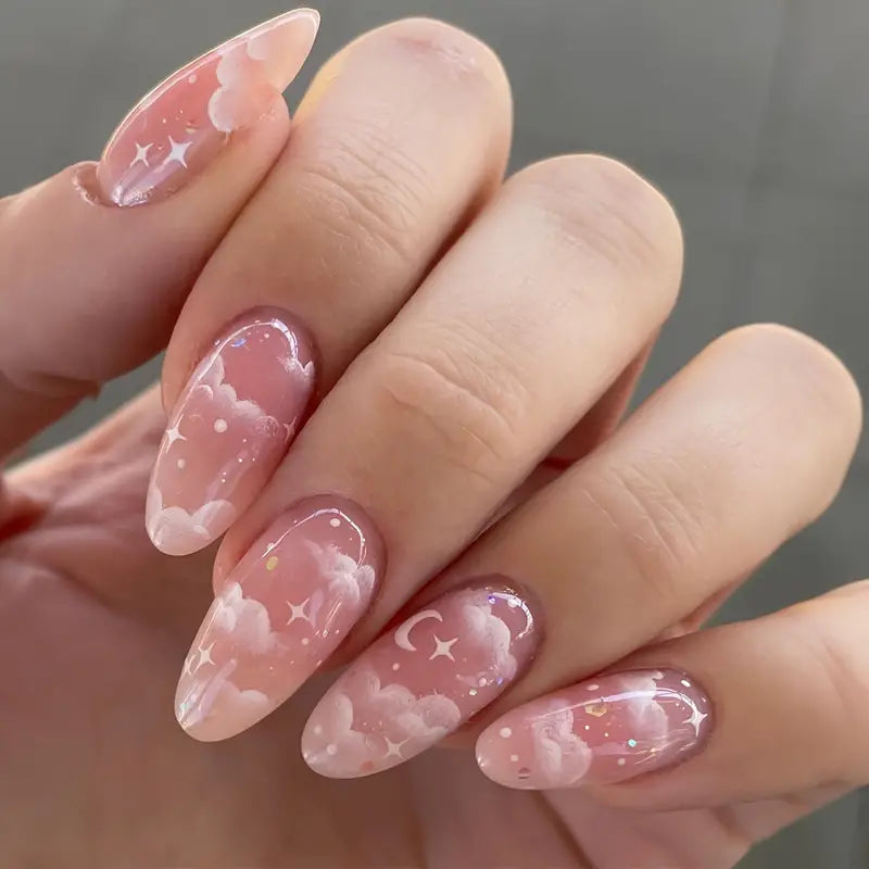 Nude with 3D Clouds, Moon and Stars Nail Art Reusable Press On Fake Nails