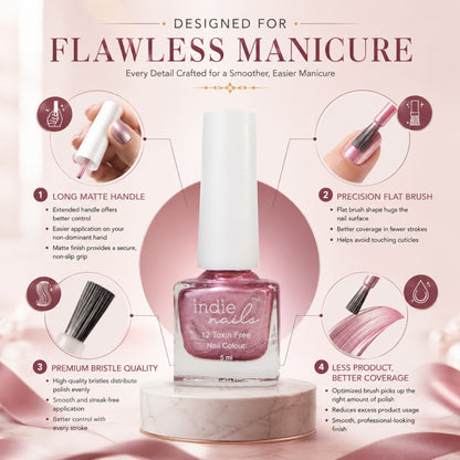 A promotional infographic for Indie Nails '12 Tone Free' nail polish. The image features a pink bottle of nail polish on a white pedestal, surrounded by callout circles with text detailing the product's features: a long matte handle, precision flat brush, premium bristle quality, and less product, better coverage.