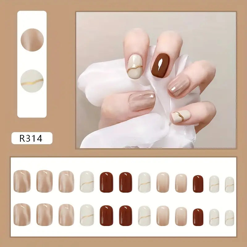 Mix Nude Marble with Metallic Glitter Nail Art Reusable Press On Fake Nails