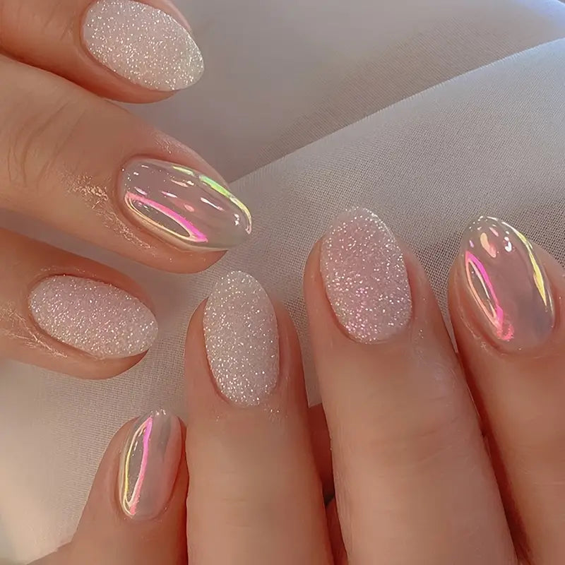 Unicorn Chrome Nails with Sparkle Glitter Nail Art Reusable Press On Fake Nails