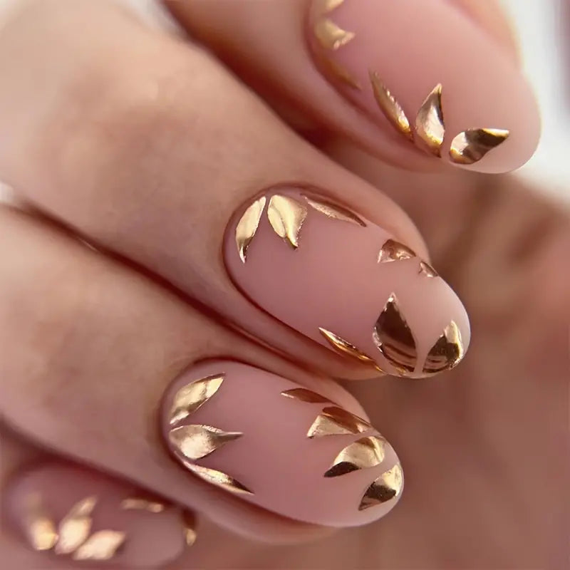 Nude with Metallic Flowers Nail Art Professional Press On Fake Nails (with Korean Glue for upto 21 days lasting)