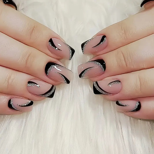 Black & Silver Swirls Nail Art Professional Press On Fake Nails (with Korean Glue for upto 21 days lasting)