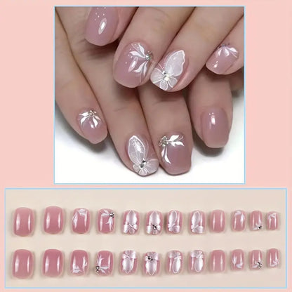 Nude with 3D Butterfly Nail Art Professional Press On Fake Nails (with Korean Glue for upto 21 days lasting)