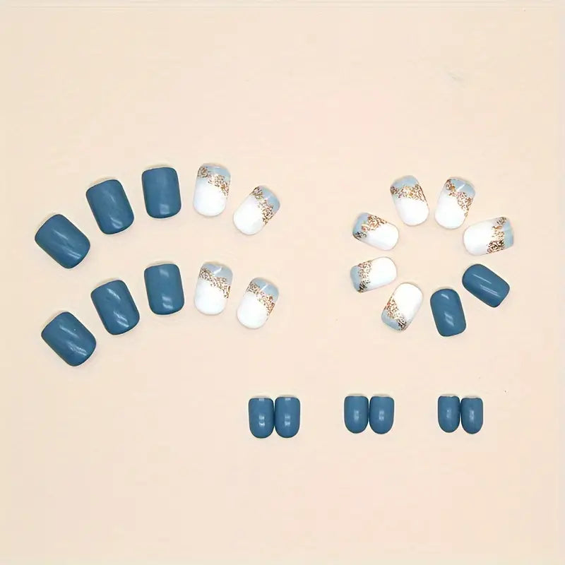 Blue with Sea Shore Ombre Nail Art Reusable Press On Fake Nails