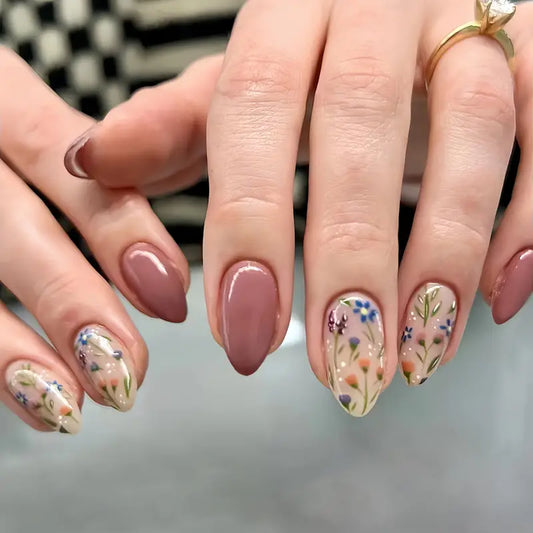 Nude with 3D Flowers Nail Art Reusable Press On Fake Nails