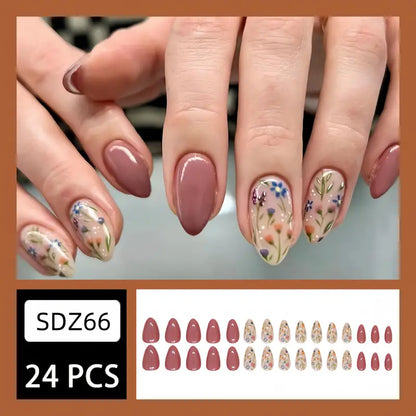 Nude with 3D Flowers Nail Art Reusable Press On Fake Nails