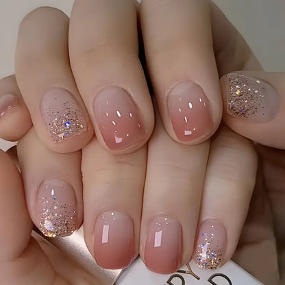 Ombre with Falling Glitters Nail Art Professional Press On Fake Nails (with Korean Glue for upto 21 days lasting)