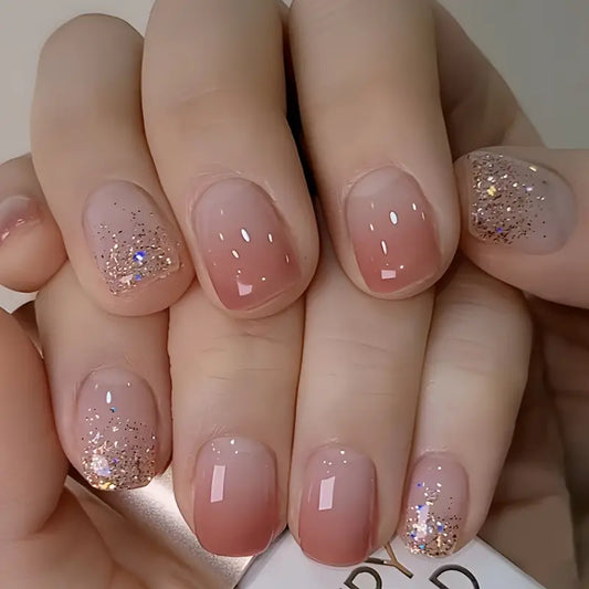 Ombre with Falling Glitters Nail Art Professional Press On Fake Nails (with Korean Glue for upto 21 days lasting)