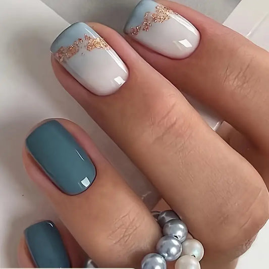 Blue with Sea Shore Ombre Nail Art Professional Press On Fake Nails (with Korean Glue for upto 21 days lasting)