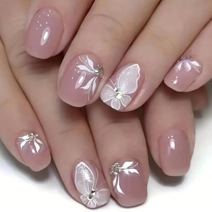 Nude with 3D Butterfly Nail Art Professional Press On Fake Nails (with Korean Glue for upto 21 days lasting)