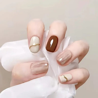 Mix Nude Marble with Metallic Glitter Nail Art Reusable Press On Fake Nails