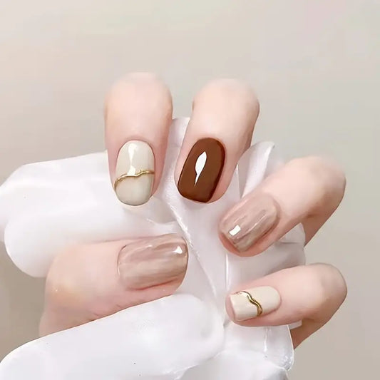 Mix Nude Marble with Metallic Glitter Nail Art Professional Press On Fake Nails (with Korean Glue for upto 21 days lasting)