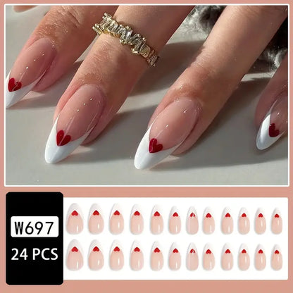 French with Heart & Nude Base Nail Art Reusable Press On Fake Nails